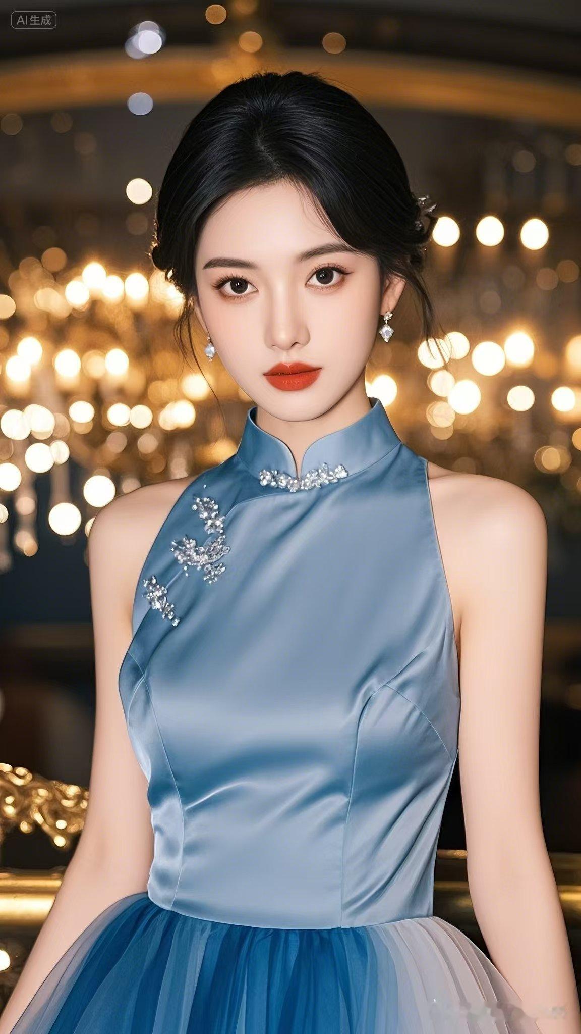 蓝裙如梦，珠光流转，美得让人心跳漏拍，优雅到犯规！