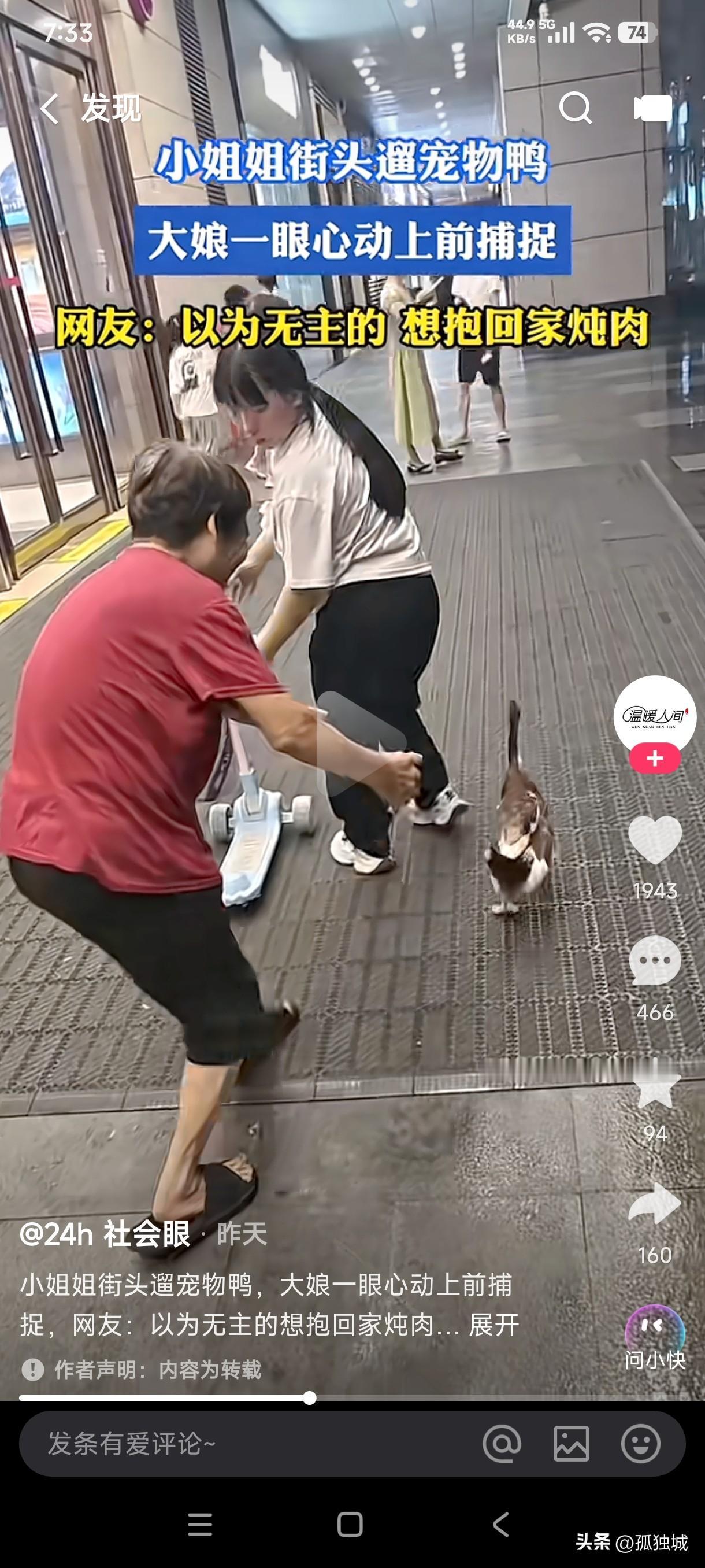 女子街头遛宠物鸭，老太太一眼心动上前捕捉，她在心动的那一刻早已想好回家如何享受了