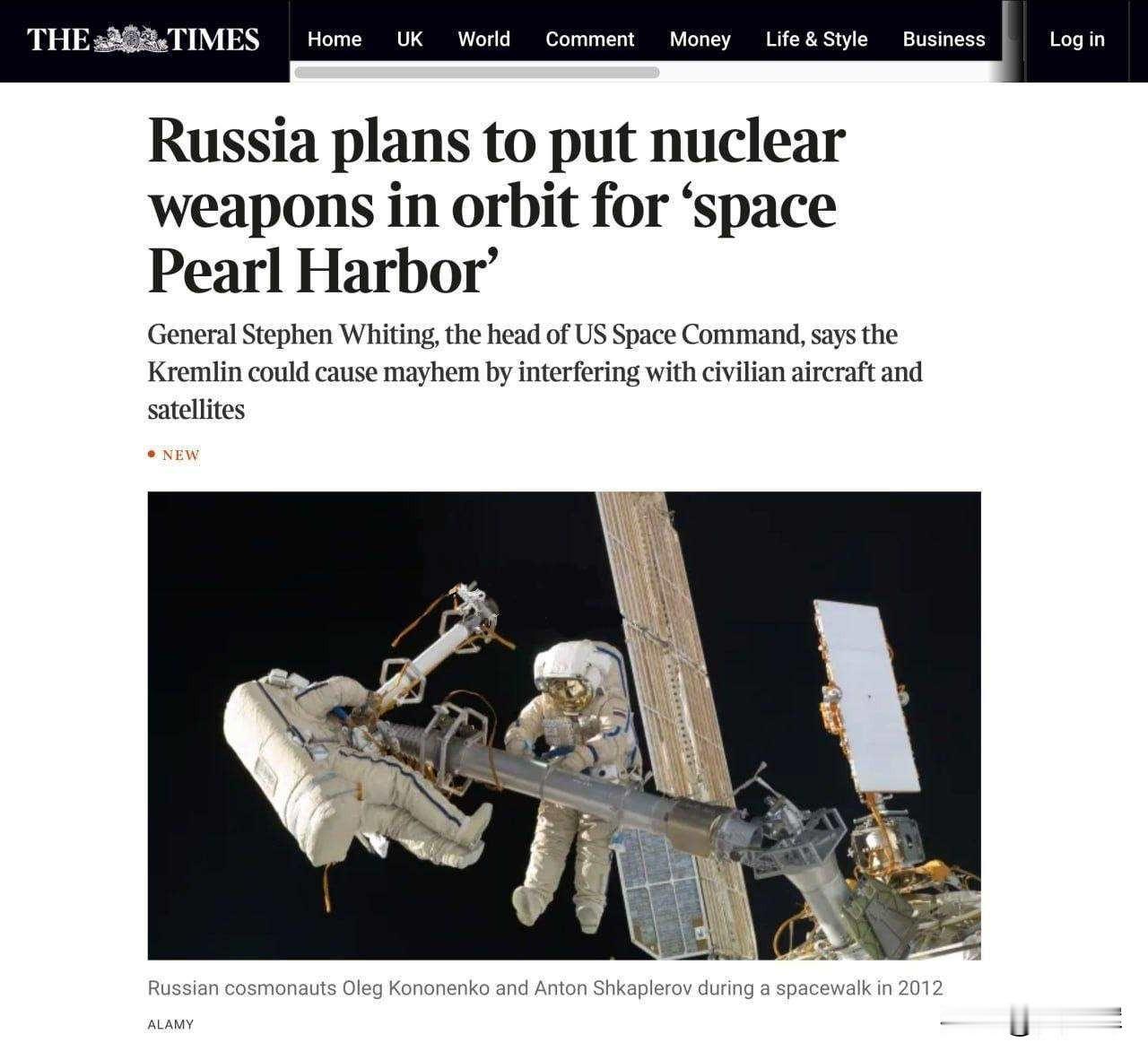 “轨道核打击”：美国宣称面临俄罗斯摧毁全球卫星系统的风险
 
《泰晤士报》援引美