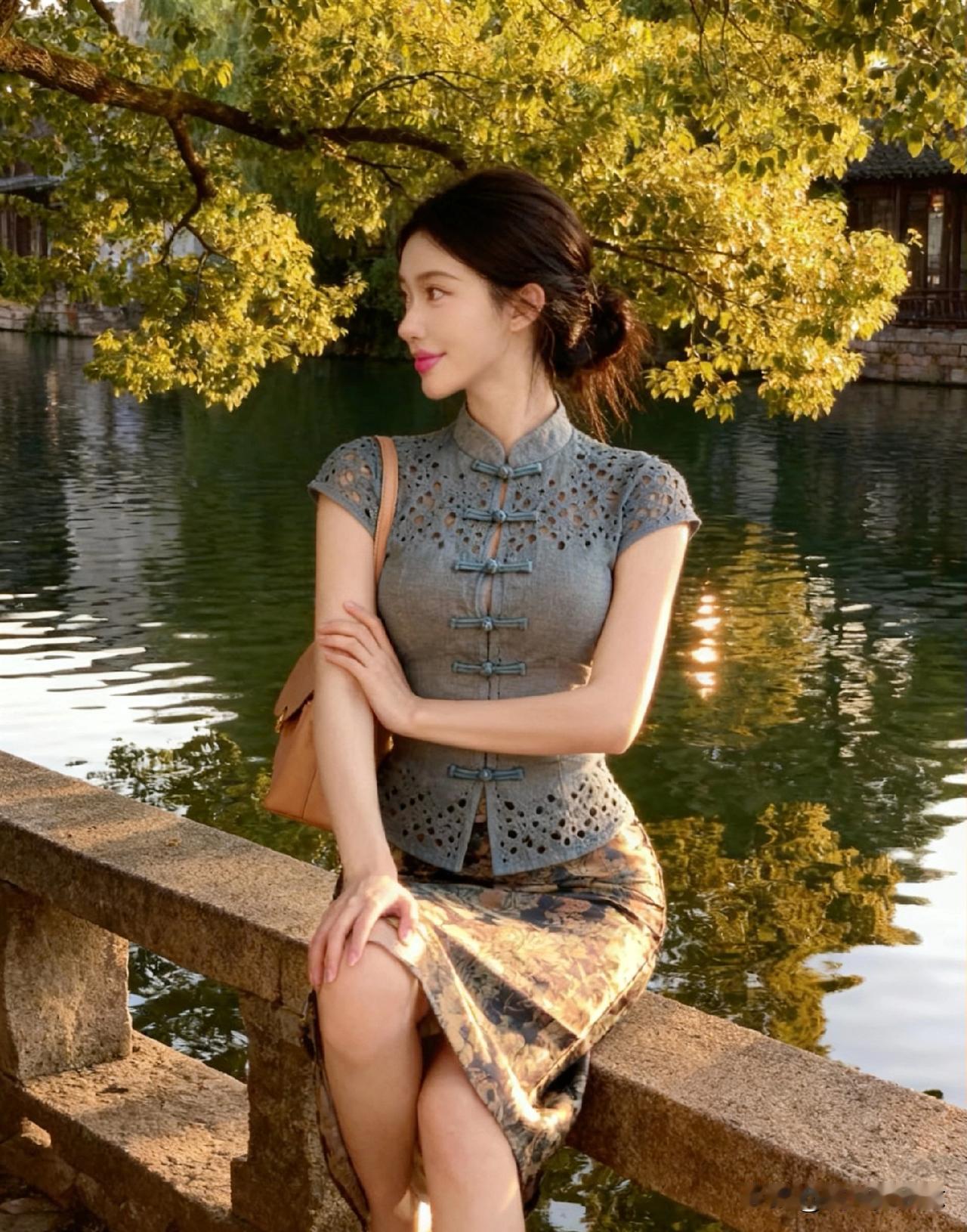 一袭素雅旗袍勾勒出温婉身姿，女子立于湖畔，微风拂动发丝，尽显东方女性的柔美与端庄