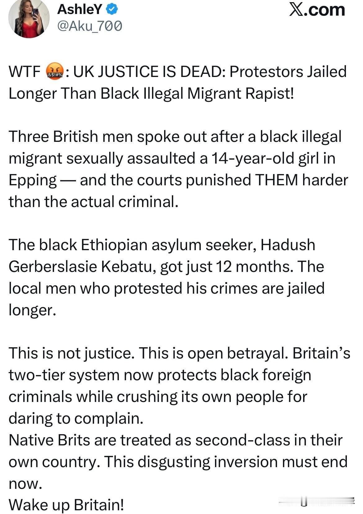 英国司法彻底崩塌！抗议民众刑期比黑人非法移民强奸犯更长！
 
一名黑人非法移民在