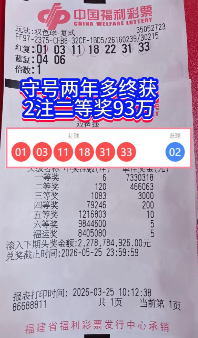 守得云开见月明，双色球第26032期传来喜讯。一位彩友坚持采用“7+2”复式投注