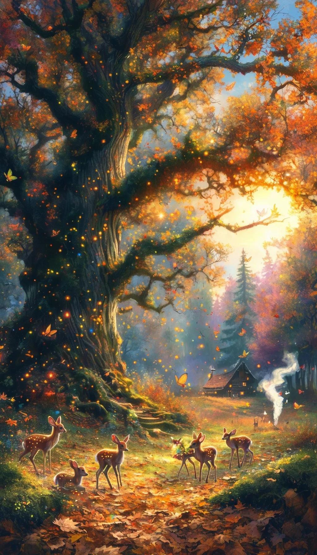 秋风轻拂叶满地，
小鹿漫游影相随。
烟雾缭绕屋前景，
欢声笑语乐无尽。