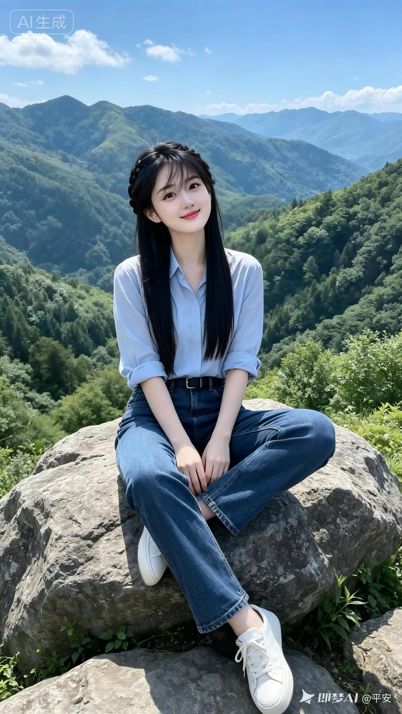乌发女子静坐山间巨石，浅蓝卷袖衬衫配深蓝牛仔，白鞋清爽利落。青山叠翠，云朗天晴，