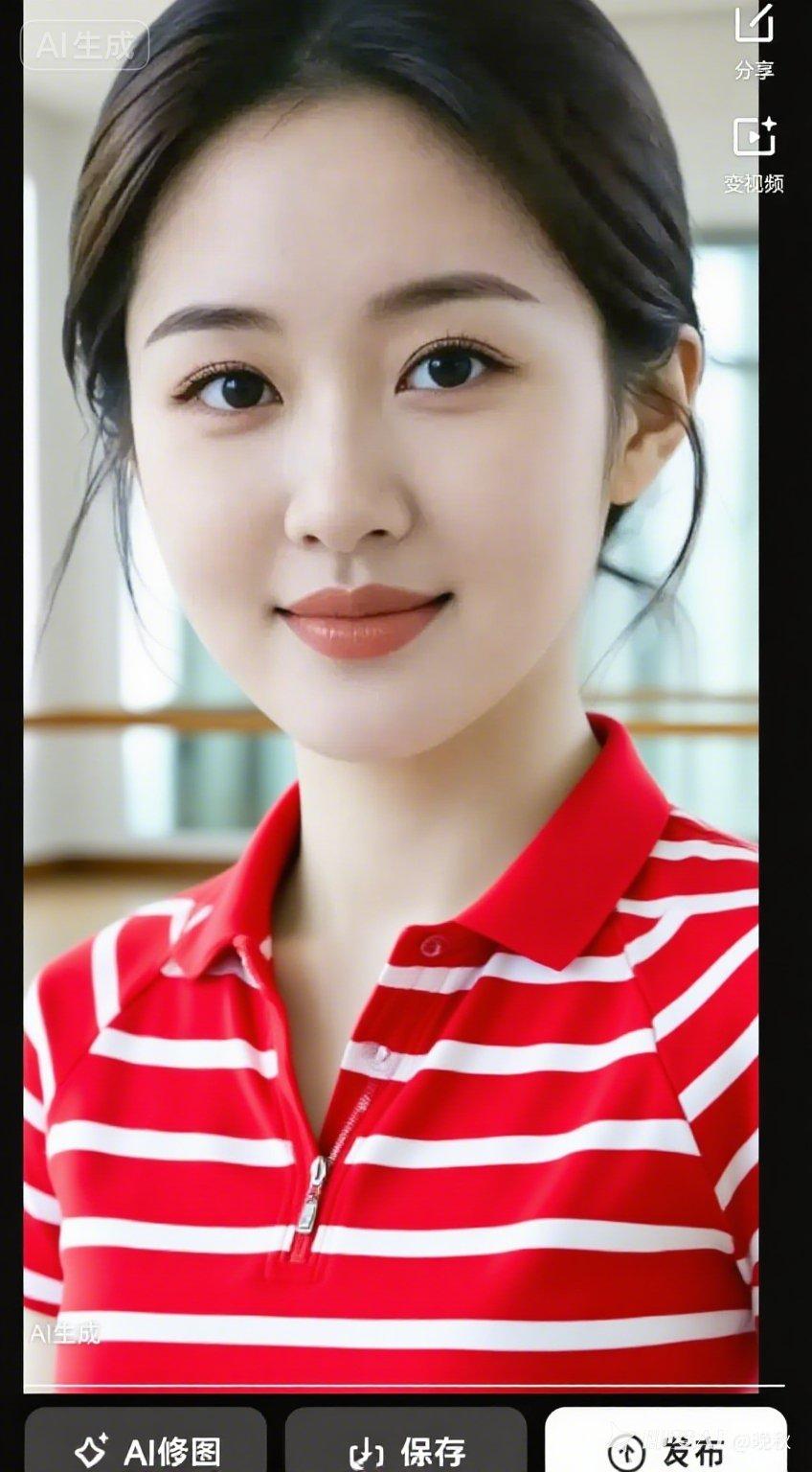 女子容貌俊美亮眼，身着红底白杠翻领运动服，领口微敞随性自然。身处清新明亮的瑜伽馆