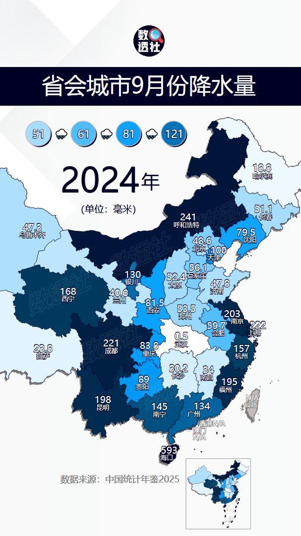 省会城市9月份降水量
