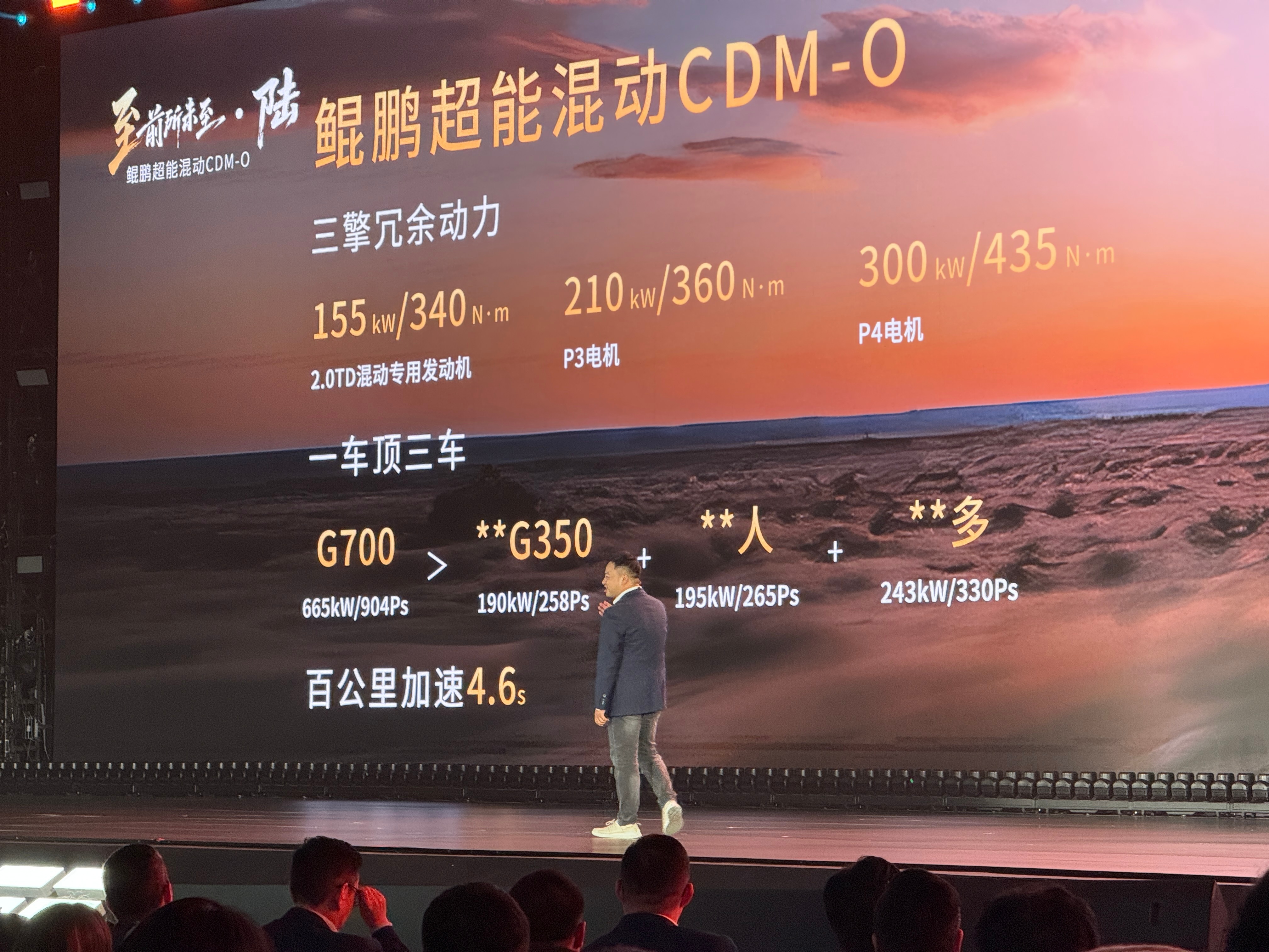 奇瑞说纵横G700的最大综合功率达到665kW，这个性能参数甚至大于一辆G350
