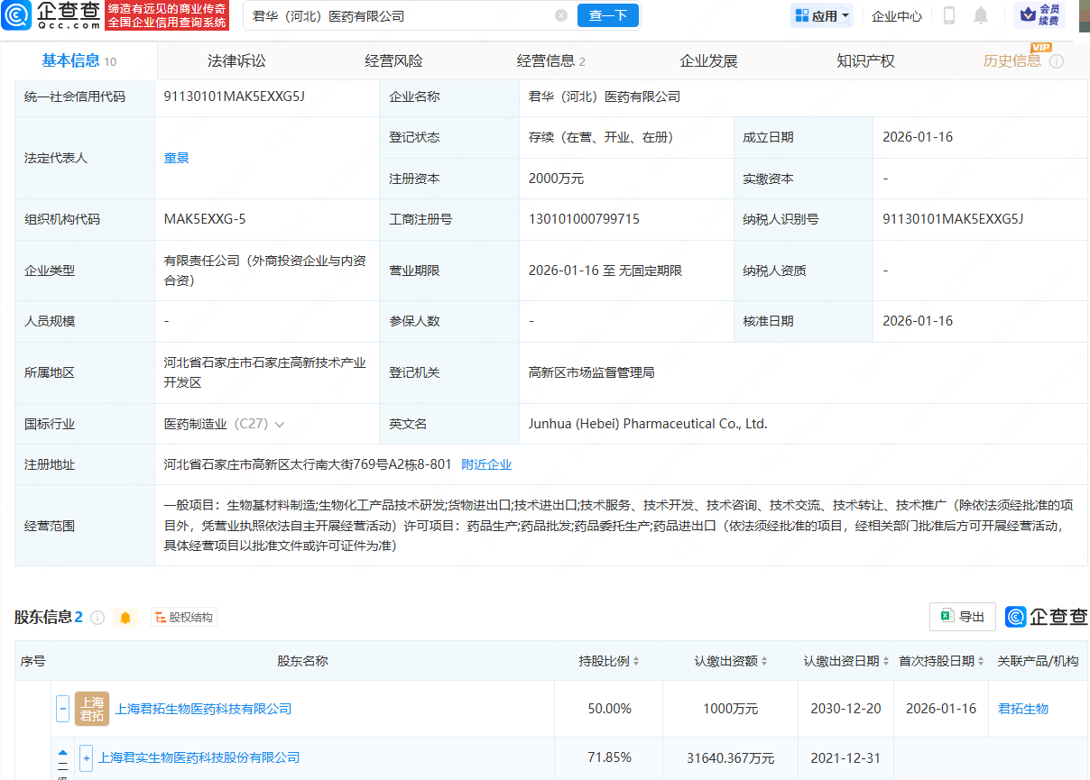 君实生物等在河北成立医药公司