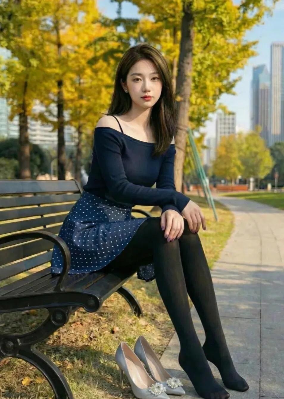 秋日午后，公园长椅上的优雅少女