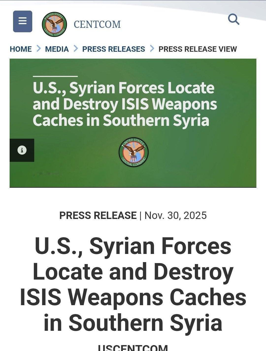 美军宣称与叙利亚HTS政权合作，在大马士革乡村省摧毁了15个“IS武器仓库”，不