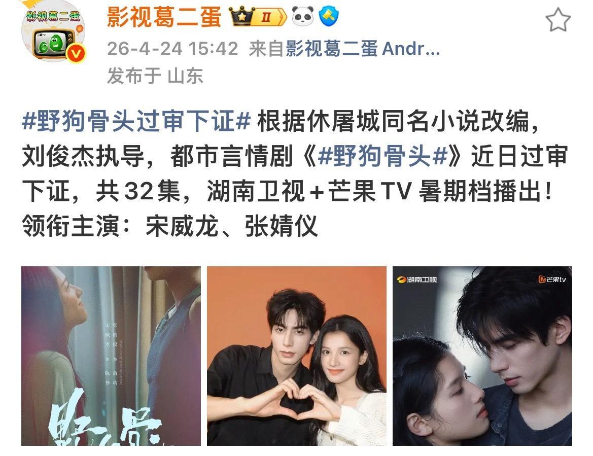 网传野狗骨头暑期档播出网传宋威龙张婧仪领衔主演的《野狗骨头》过审下证了预计暑期档