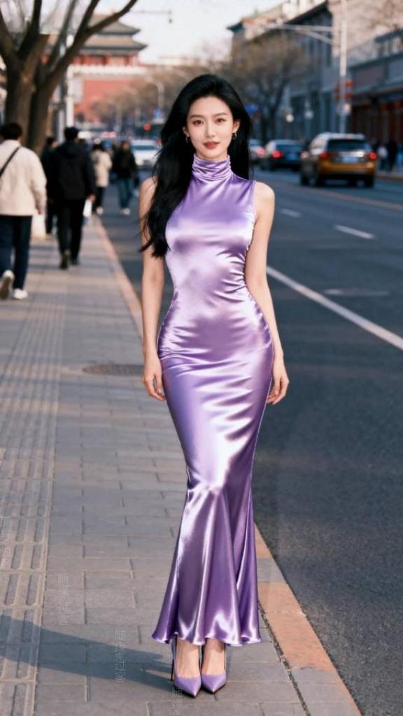 紫色连衣长裙女子写真。连衣裙 美女壁纸