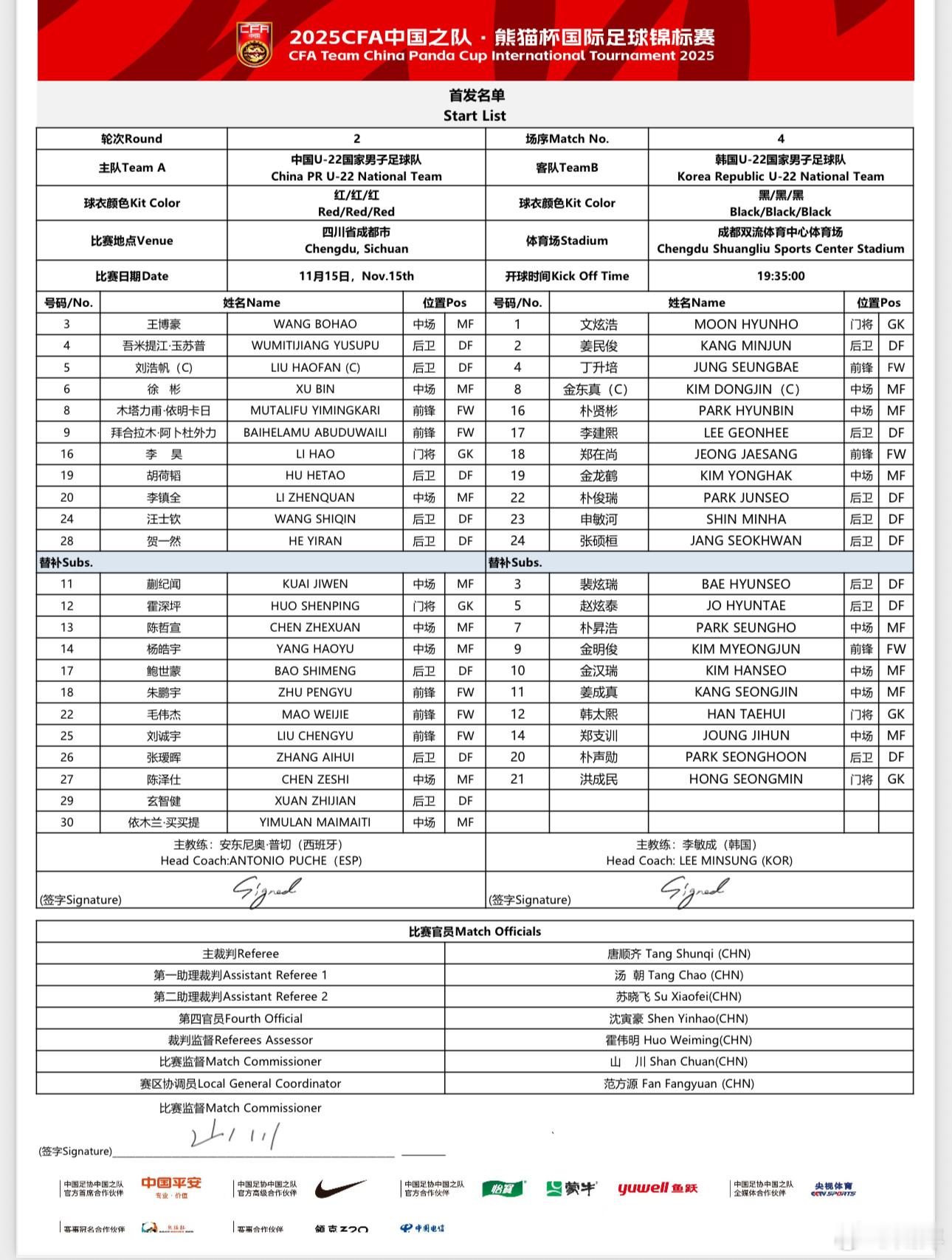 中国队除了门将李昊登场之外首发阵容没有变化，但全运归队的多名球员替补席待命。韩国