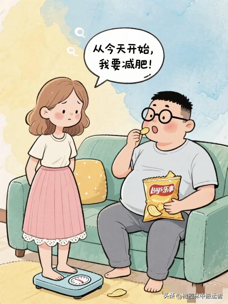 妻子："从今天开始，我要减肥！" 丈夫："嗯，你上周也这么说的。"