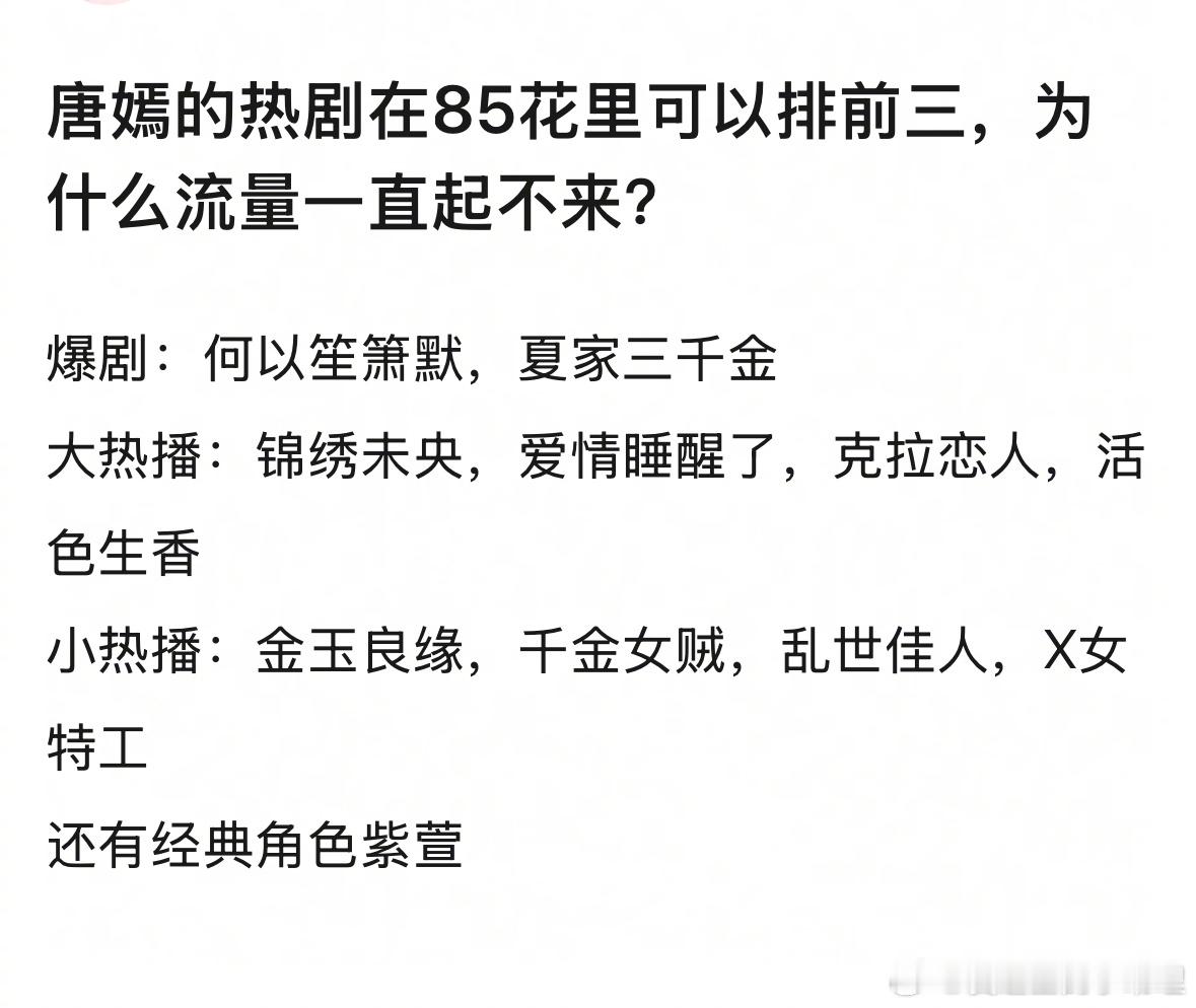 网友热议：唐嫣的热剧在85花里可以排前三，为什么流量一直起不来？张若昀包场唐嫣新