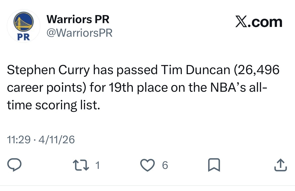 库里超越邓肯，来到历史得分榜19位 