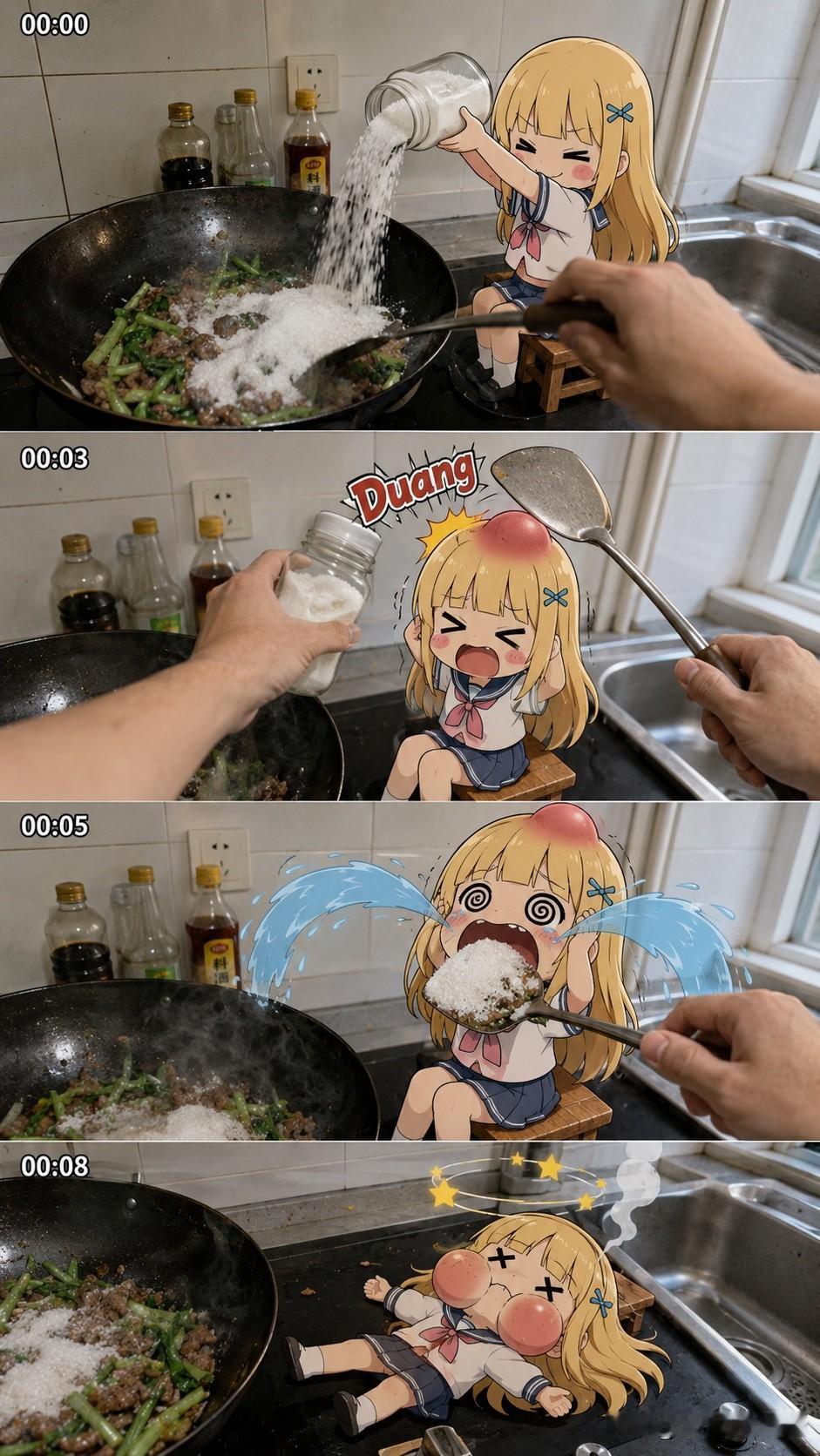 豆包还能生成这样的视频和动画？
指令：

【风格】真人实拍+2D动漫贴纸合成搞笑