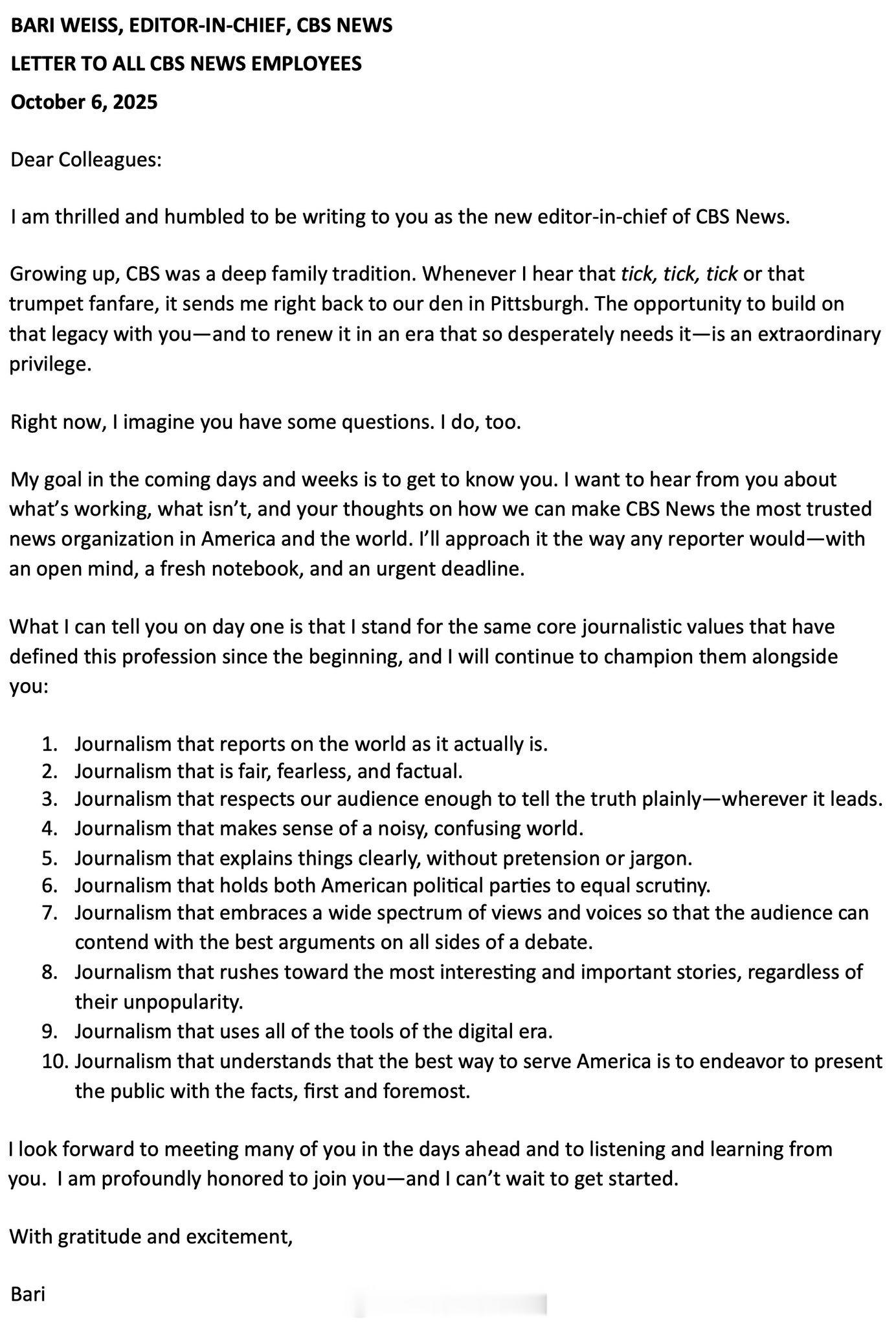 CBS News新总编Bari Weiss新官上任，写给员工的信：“亲爱的同事们
