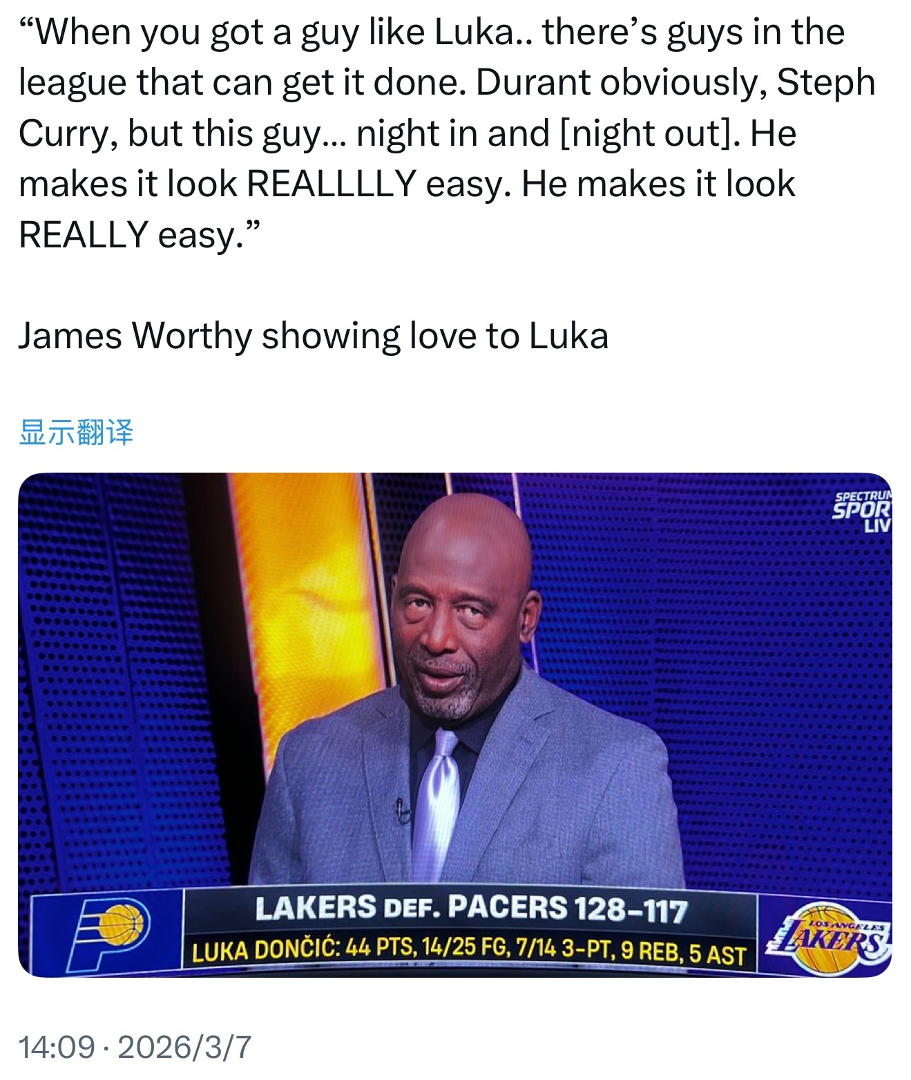 詹姆斯·沃西对卢卡表达赞赏：“当你拥有像卢卡这样的球员……联盟中确实有一些人能搞