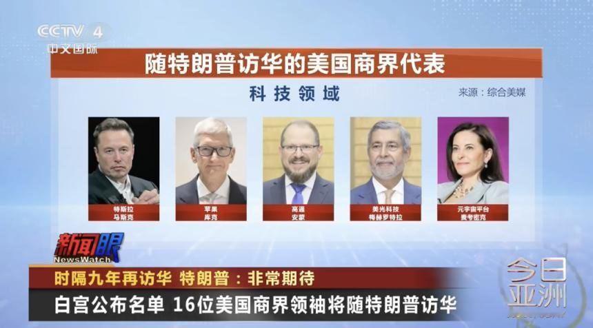 央视网：白宫公布了将随特朗普一同访华的商界领袖名单。据多家美媒报道，总共将有16