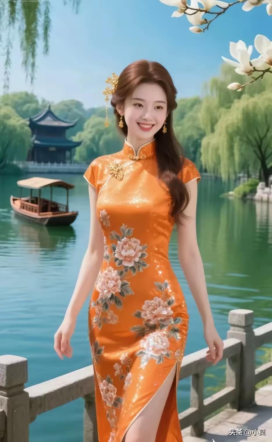 穿旗袍的少女漫步在江南水乡，宛如一幅水墨画。