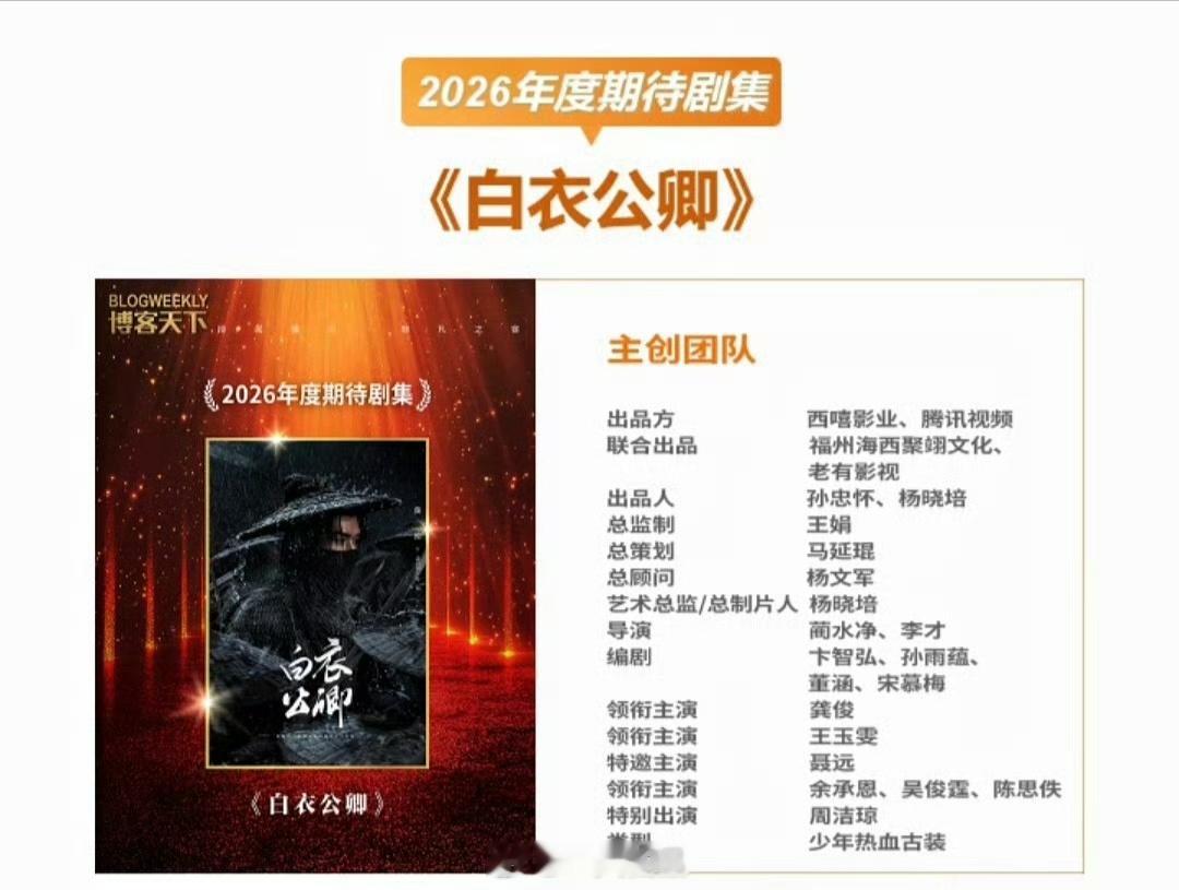 龚俊一番武侠大男主剧《白衣公卿》获得博客天下2026年度期待剧集，恭喜🎉🎉?