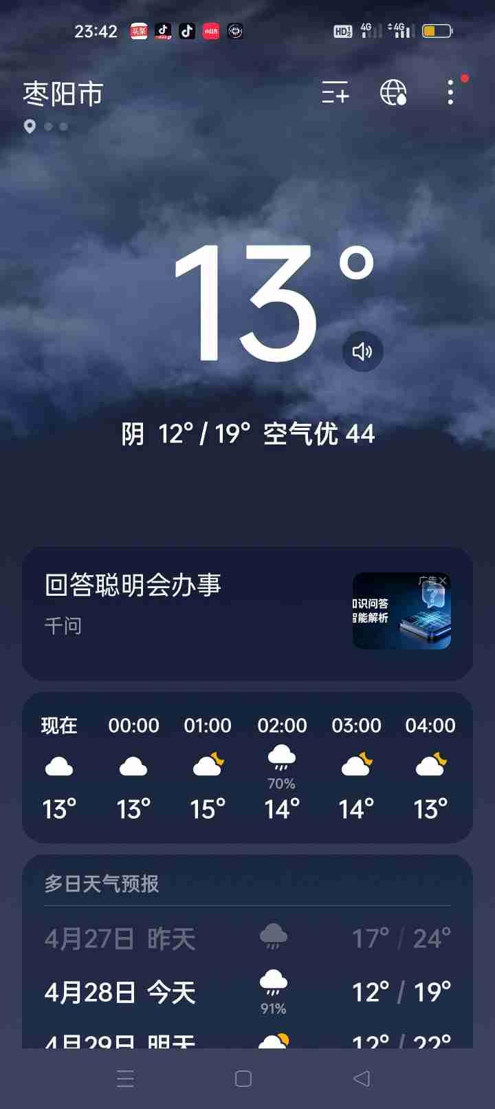 我的今日状态：😁轻松愉快
我这里的天气：🌧下雨枣阳4.28天气随感
 
枣阳