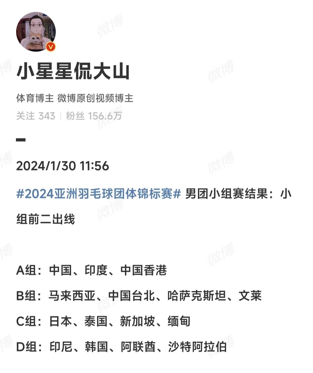 #2024亚洲羽毛球团体锦标赛# 男女团分组以及各队主要成员名单：【中国队】男队