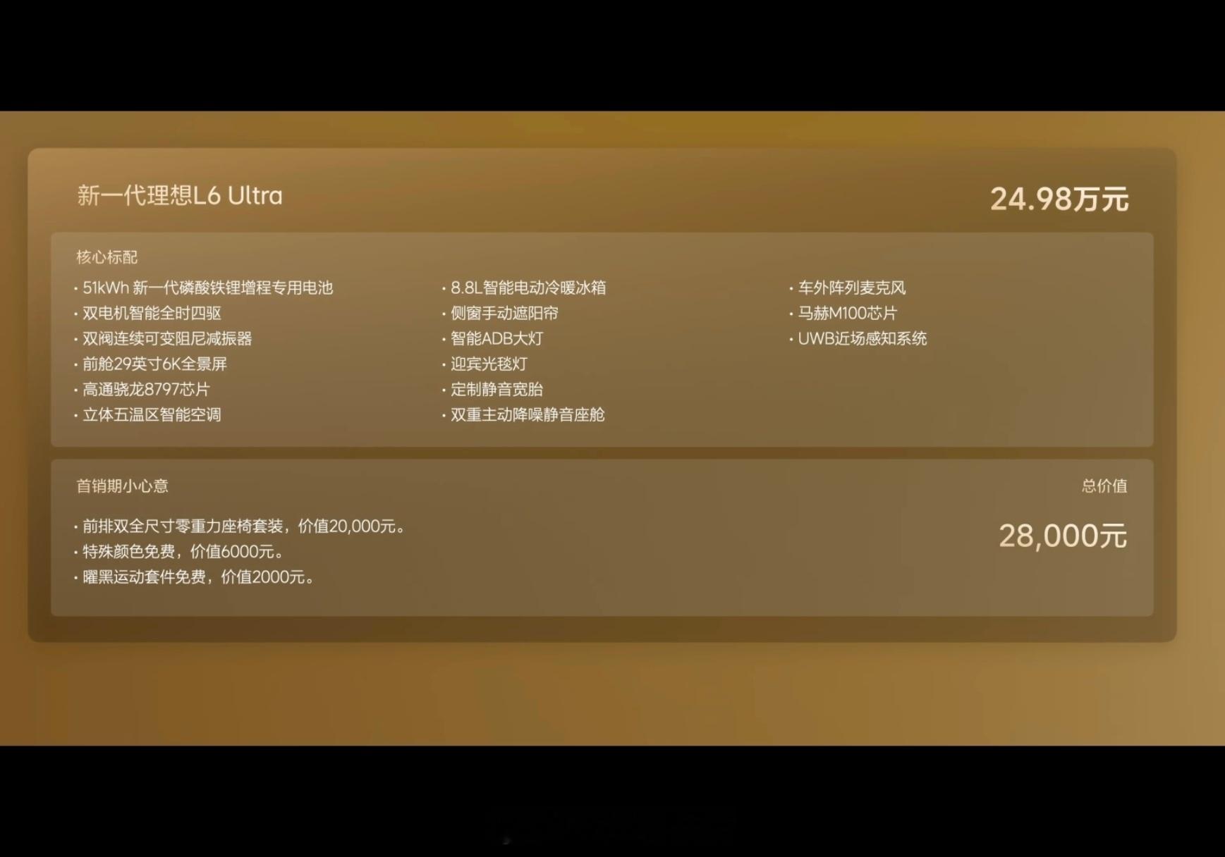 理想L6只有一个SKU，价格24.98万51kWh电池，纯电续航300km，5C