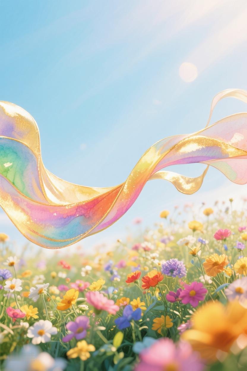 AI随心绘五彩繁花间，一条流光绸带舞动，似生活里的灵动，亦藏着未知的诗意。