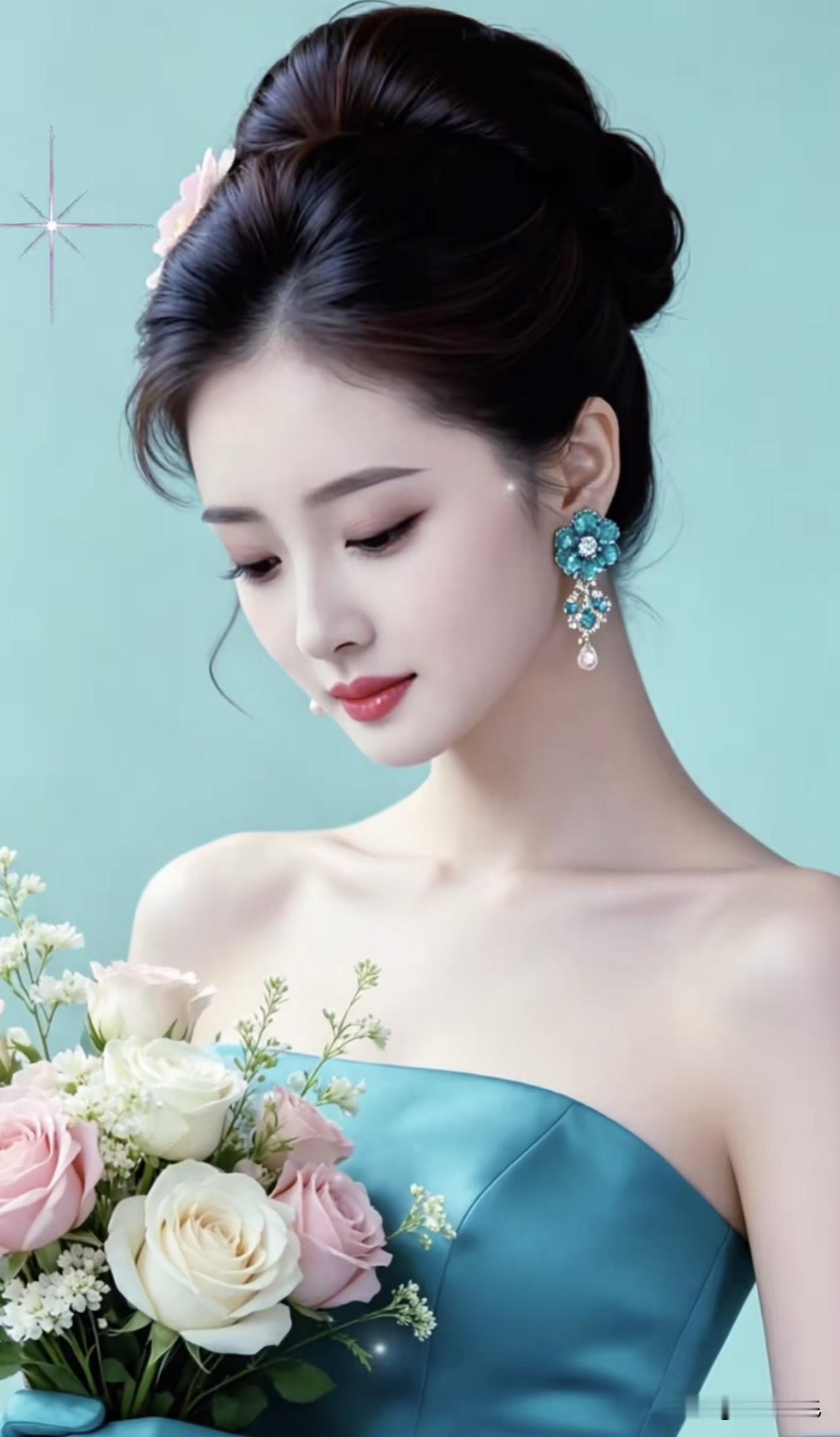 优雅蓝裙少女，手捧花束，梦幻氛围，唯美动人。温柔花裙少女 粉裙花束少女 梦幻蓝裙