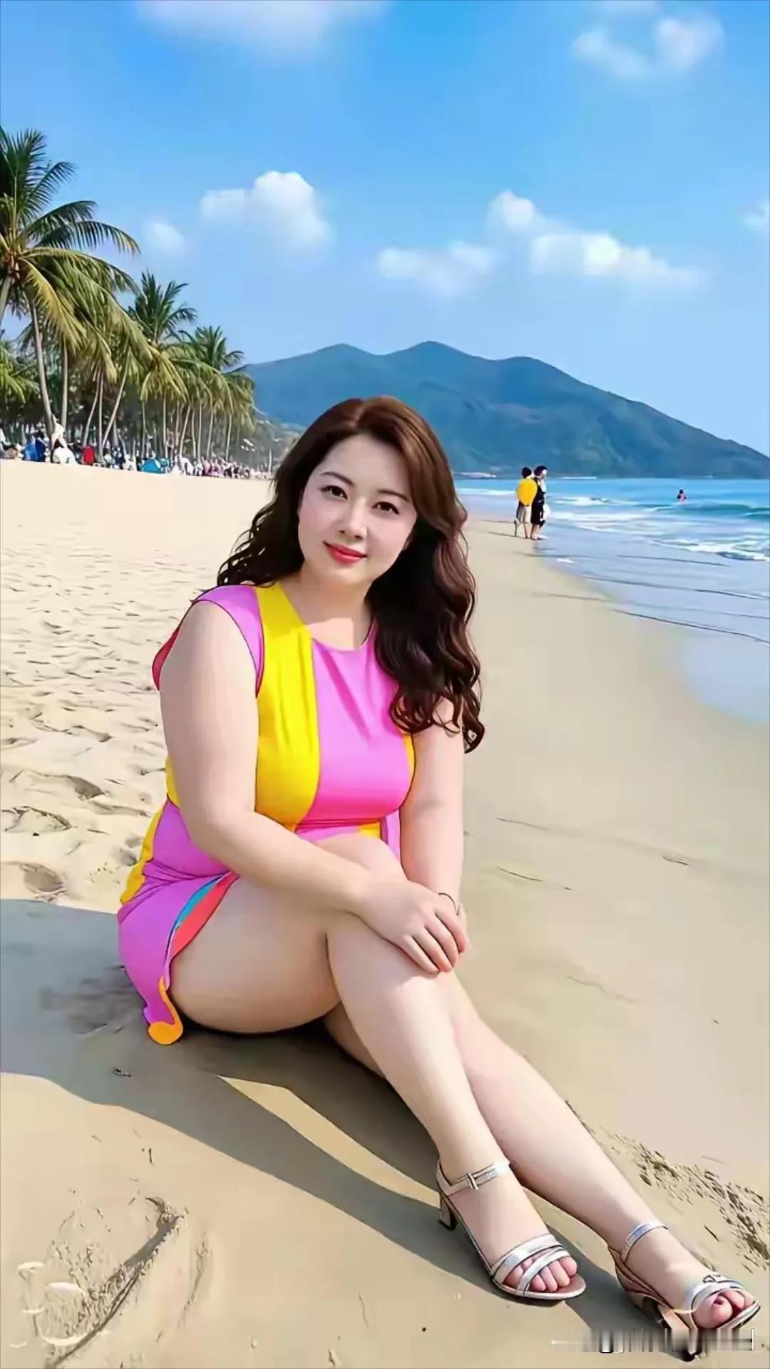 少女娴静地坐在海边，与自然海景、青山白云完美相融，流露出一种闲适而文艺的度假气息