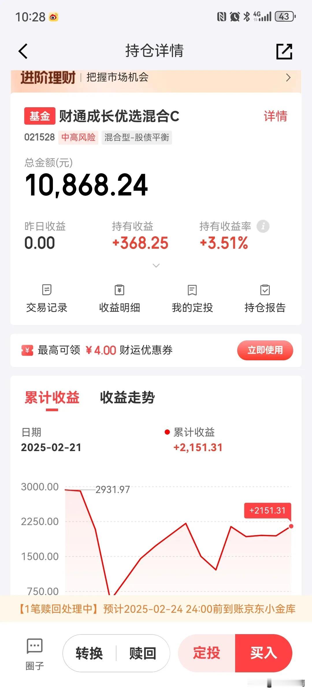 财通成长优选因为四季度调仓了部分消费，以及继续聚焦CPO，最近走势明显不给力！去