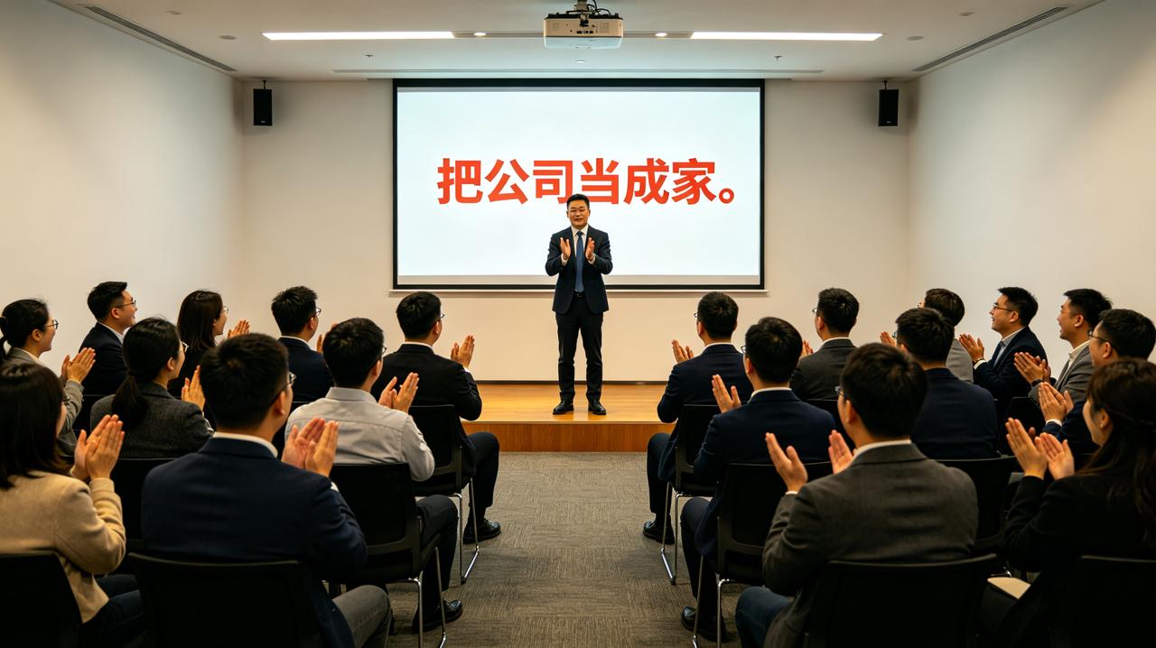 公司新员工培训，HR总监站在台上，投影仪亮着六个大字：“把公司当成家。”
台下五