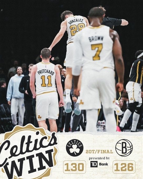 全场比赛结束，我们最终在客场130-126双加时击败篮网☘️布朗27分10篮板1