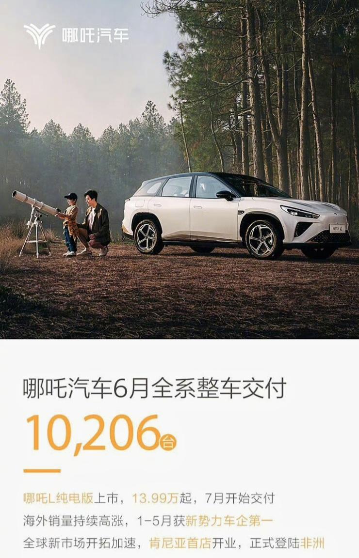 【#哪吒汽车6月全系交付10206台#】根据哪吒汽车官方宣传海报显示，哪吒汽车公