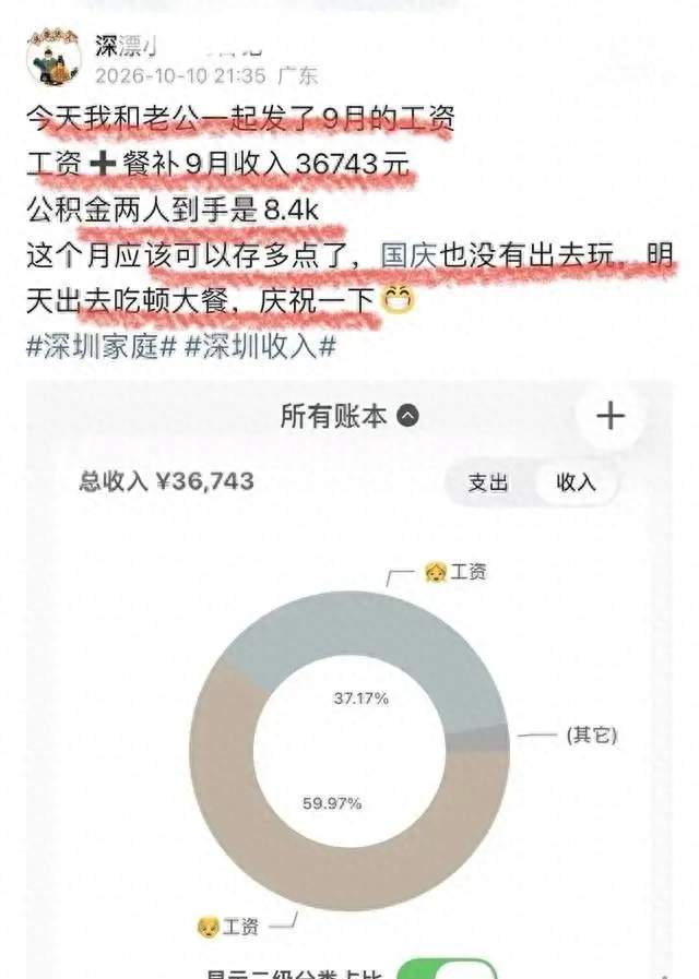 深圳夫妻晒9月工资引热议，入账3.67万+公积金8.4k，网友直言偏下