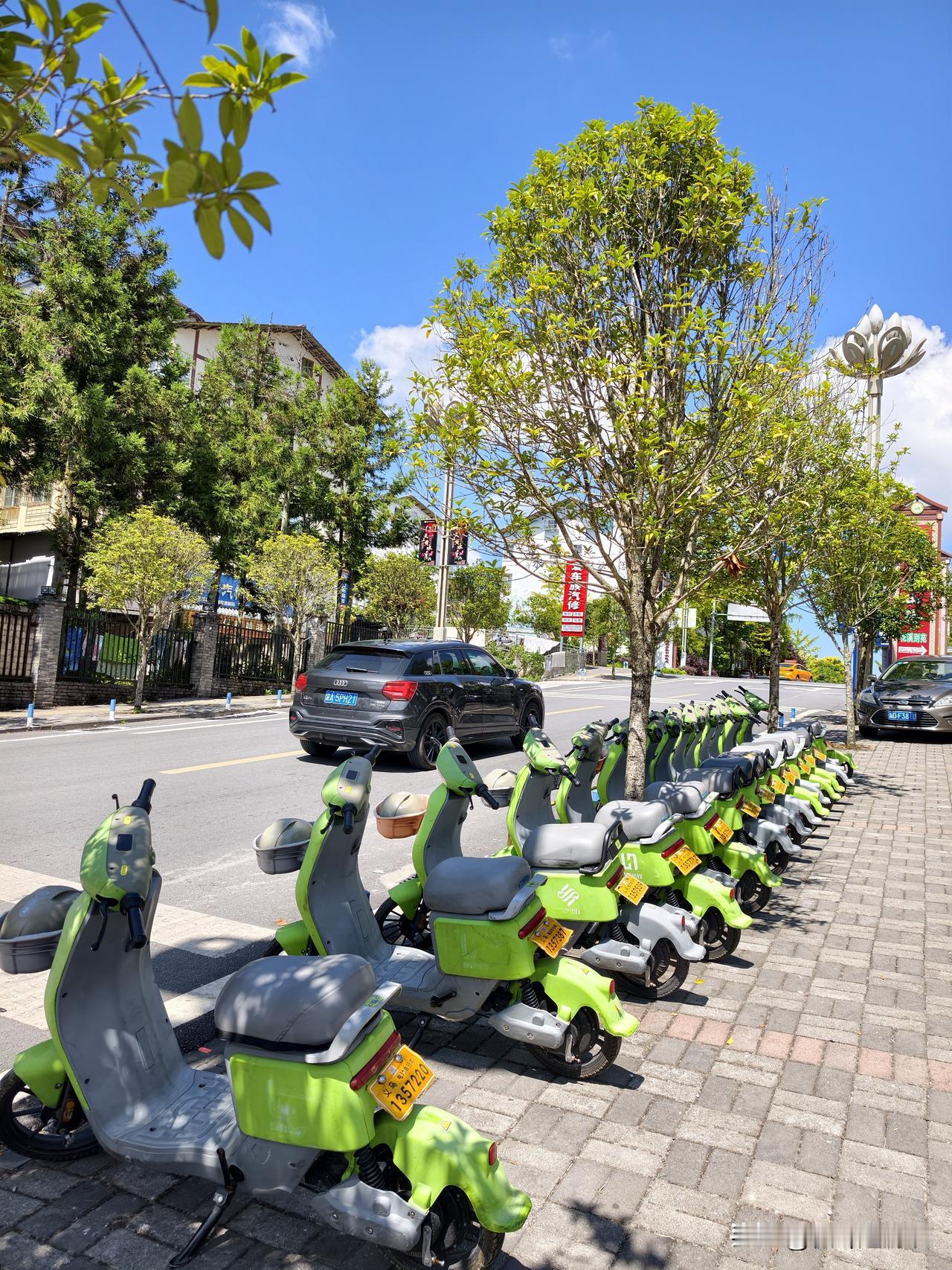 黄水客运换乘中心门口，专门设置了共享单车。游客到黄水镇后，可以换乘公交大巴，也可