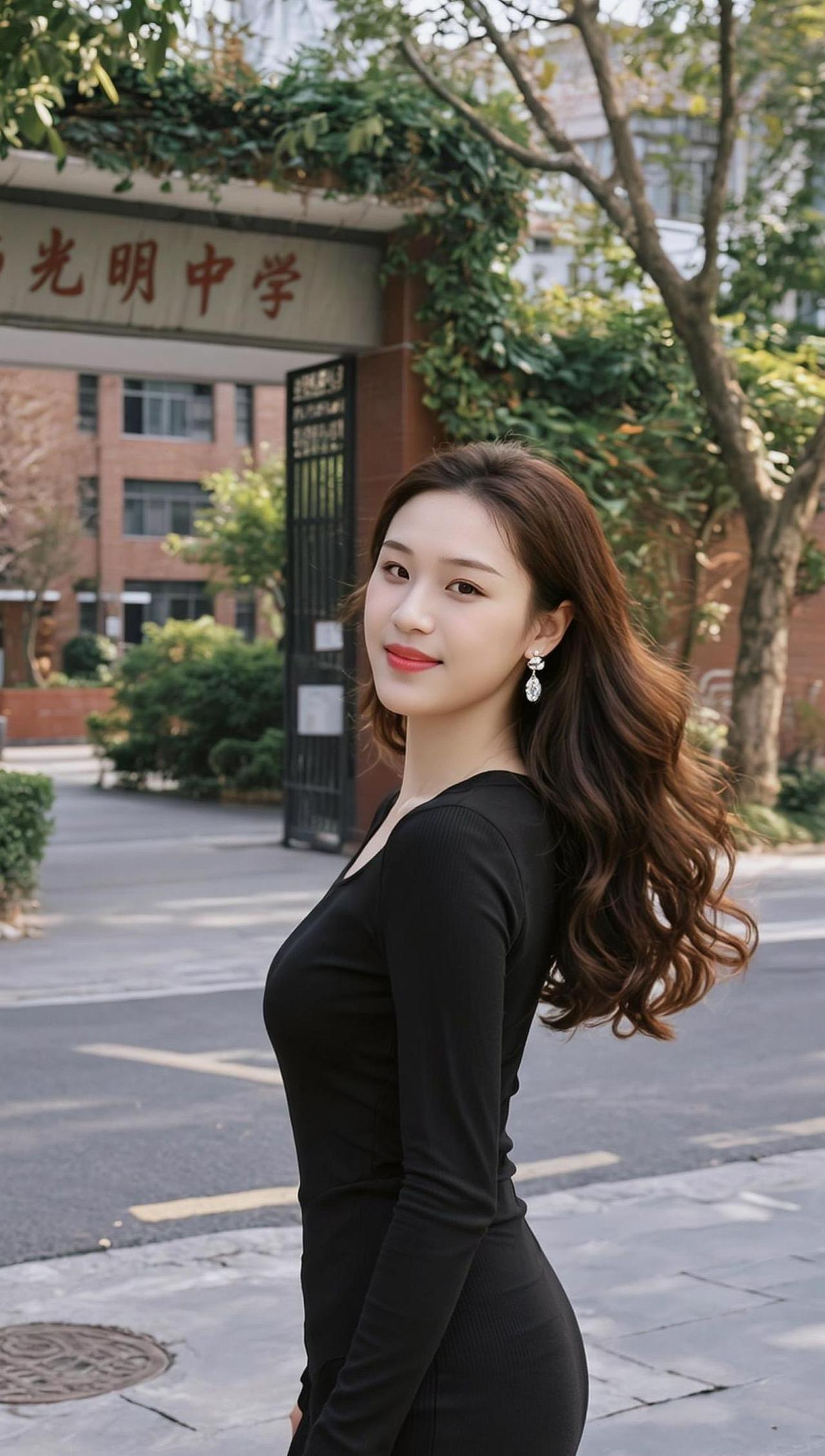 阳光穿过树叶的缝隙，洒在青砖路上，像撒了一地碎金。她站在光明中学门口，微风轻拂发