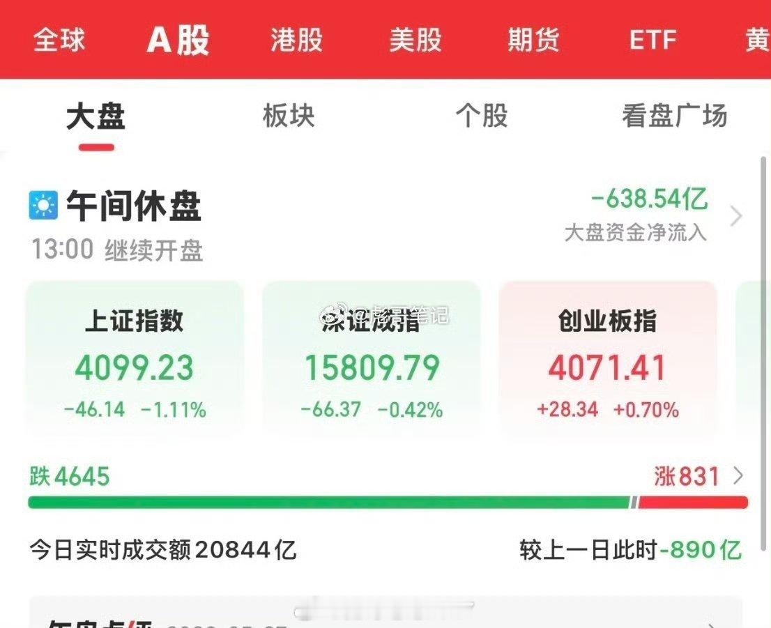 今天大大提高A低开低走延续昨日的调整行情，午间收盘，三大指数涨跌不一。沪市下跌幅