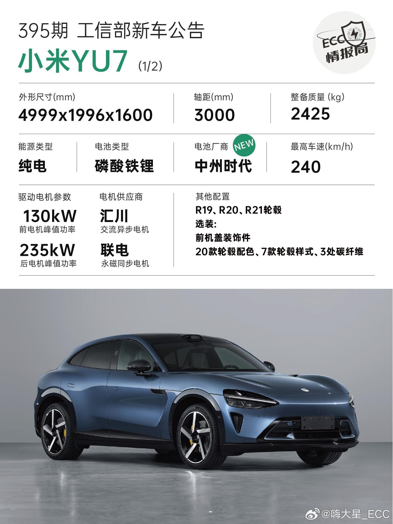 工信部新车公告--「小米YU7」✅ 96.3 度的磷铁电池，新增「宁德时代」版本