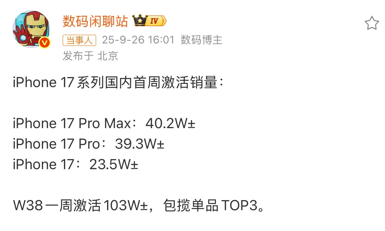 曝iPhone17国内首周激活销量这还只有三个单品情况下，iPhone 17系首