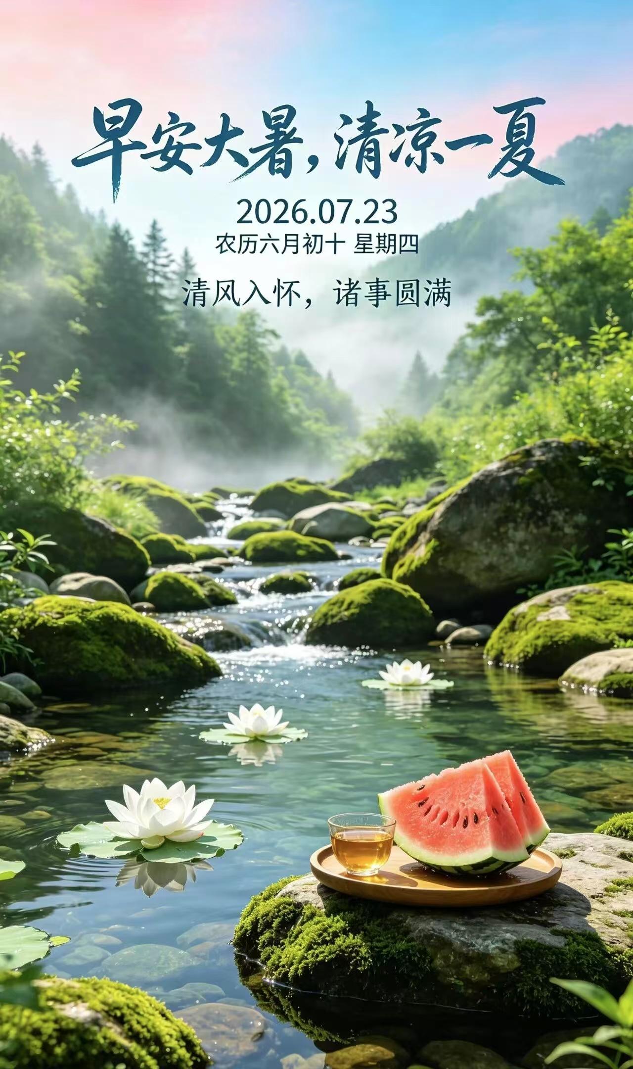 今天大暑节气，祝大家清风入怀来，安康度酷暑

今天是2026年7月23日，农历六
