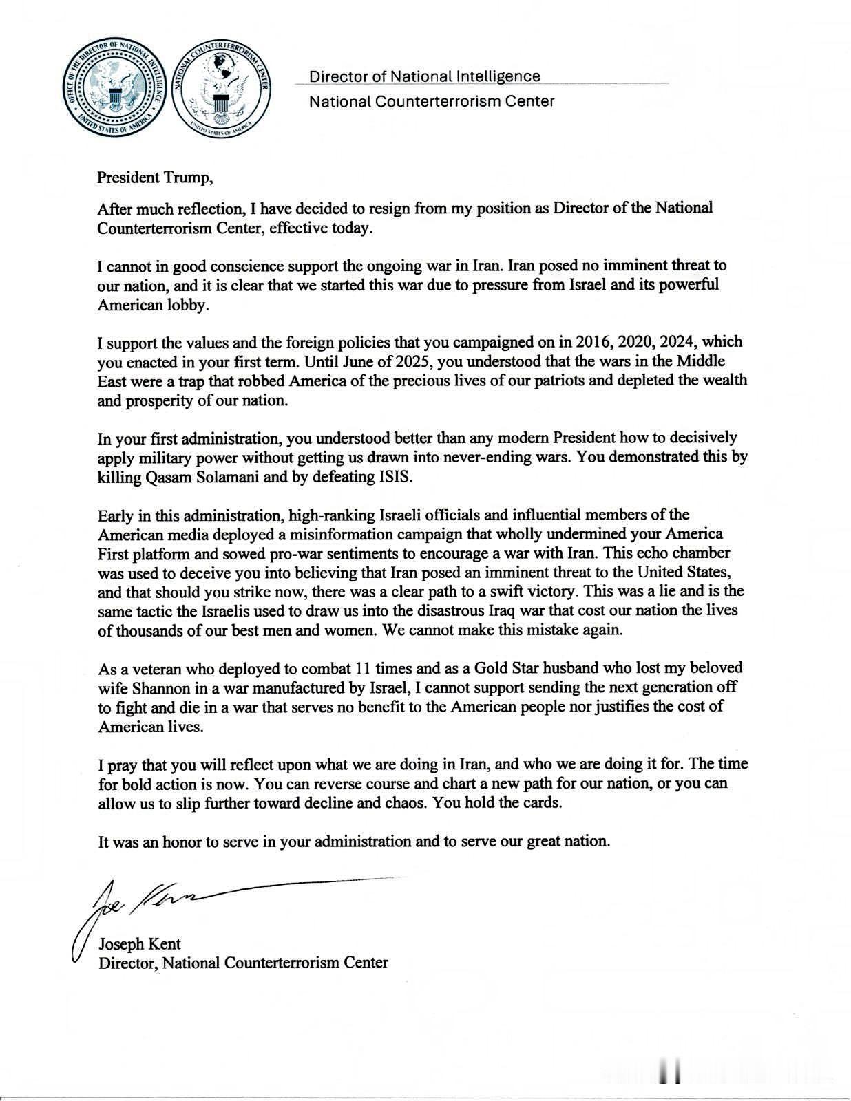 美国反恐中心主任乔·肯特向特朗普递交了辞呈，他在报告的开头称：
经过深思熟虑，我