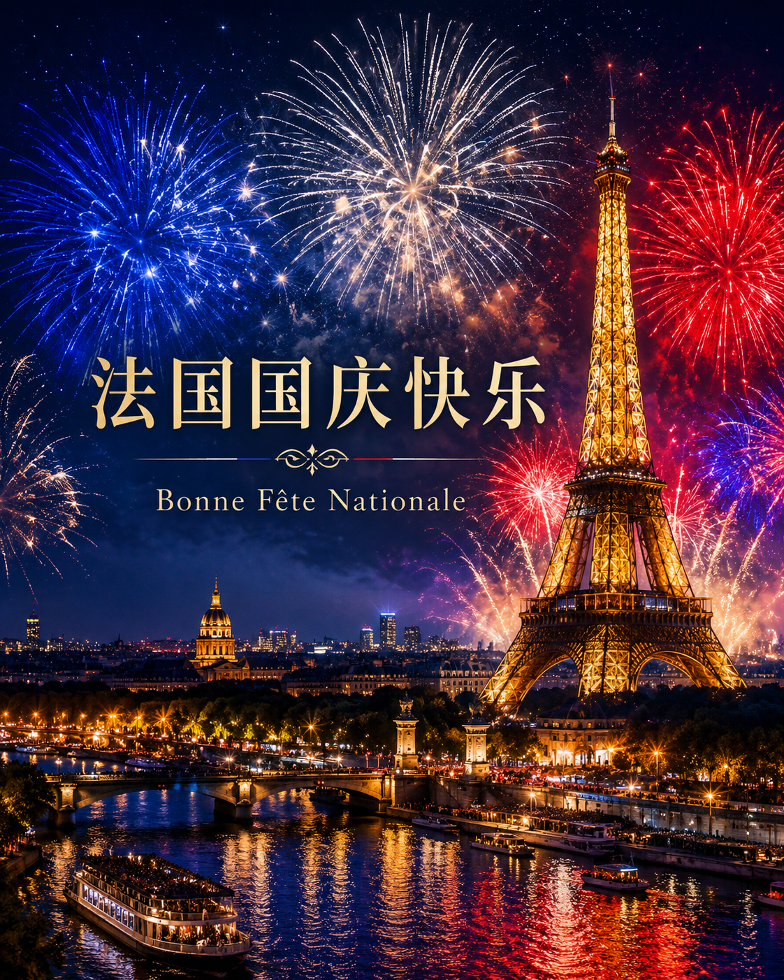 7 月 14 日，法国国庆节。从攻占巴士底狱，到自由、平等、博爱的理想。法国用一