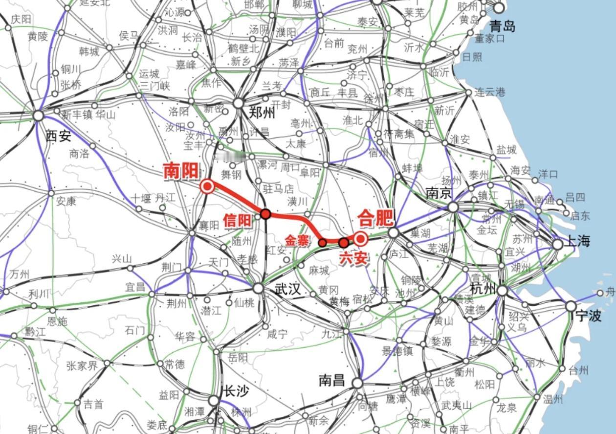 南信合高铁贯通豫皖、衔接长三角，起自南阳东站，终至金寨东站，正线515公里，时速