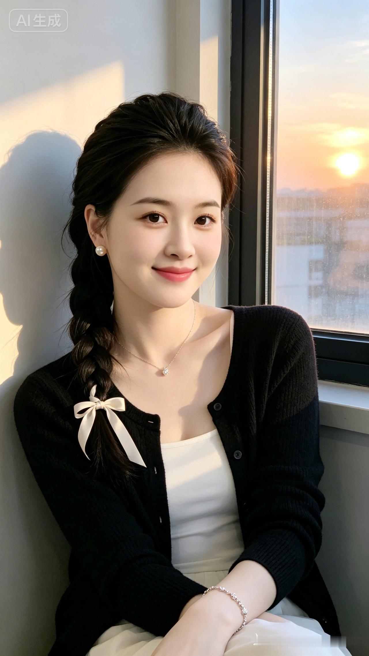 单边丝带麻花辫美女黑开衫白吊带倚窗边，冷暖光影交错，发丝金边，冷白羊脂玉肌肤，朦
