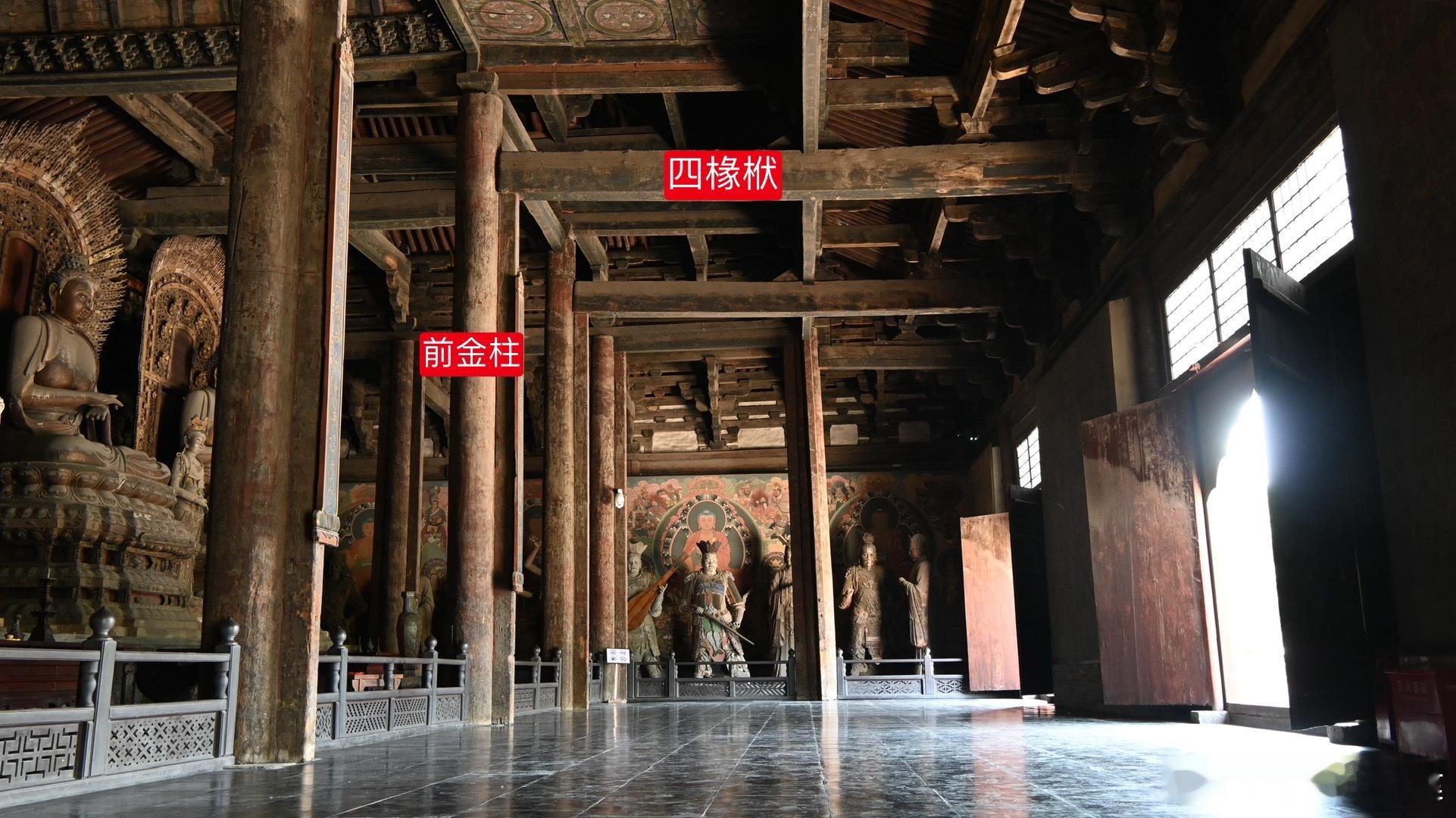 大同善化寺大雄宝殿内的梁架。明间以及东西两次间，梢间从前檐到前金柱用四椽栿，两尽