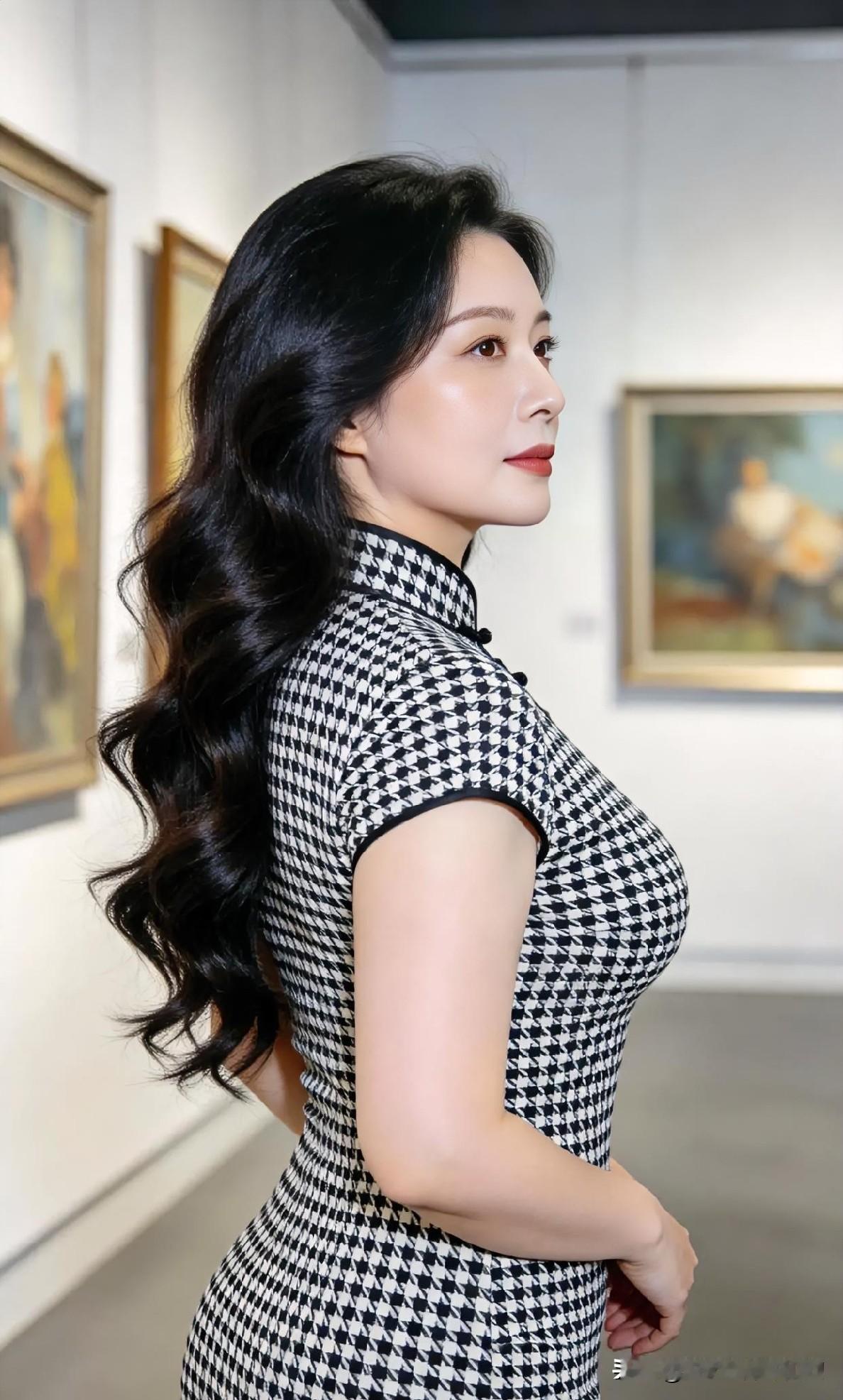 千鸟格旗袍勾勒曼妙曲线，回眸间尽显东方雅韵与现代知性交融之美。