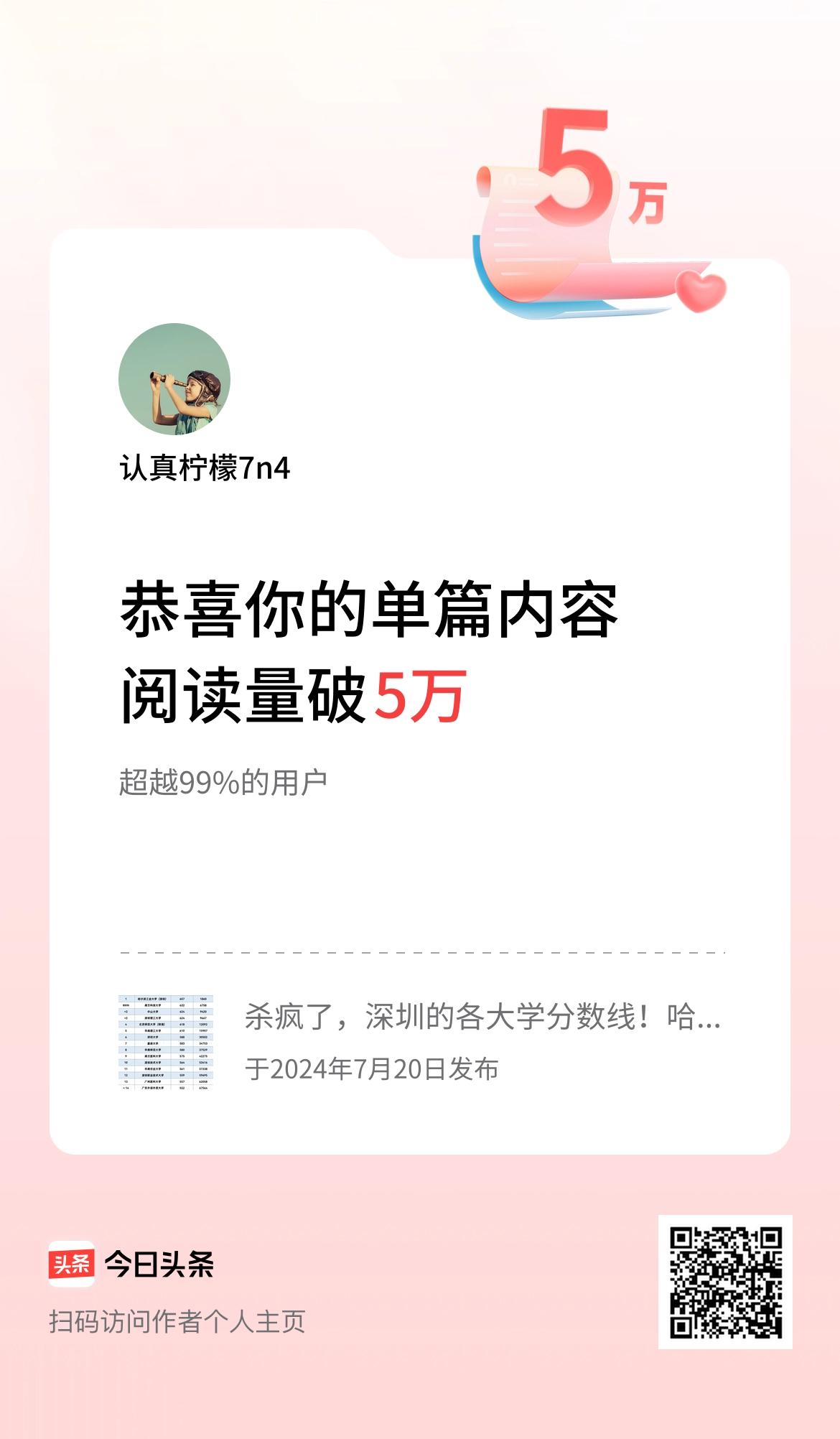 单篇内容获得阅读量破5万啦！